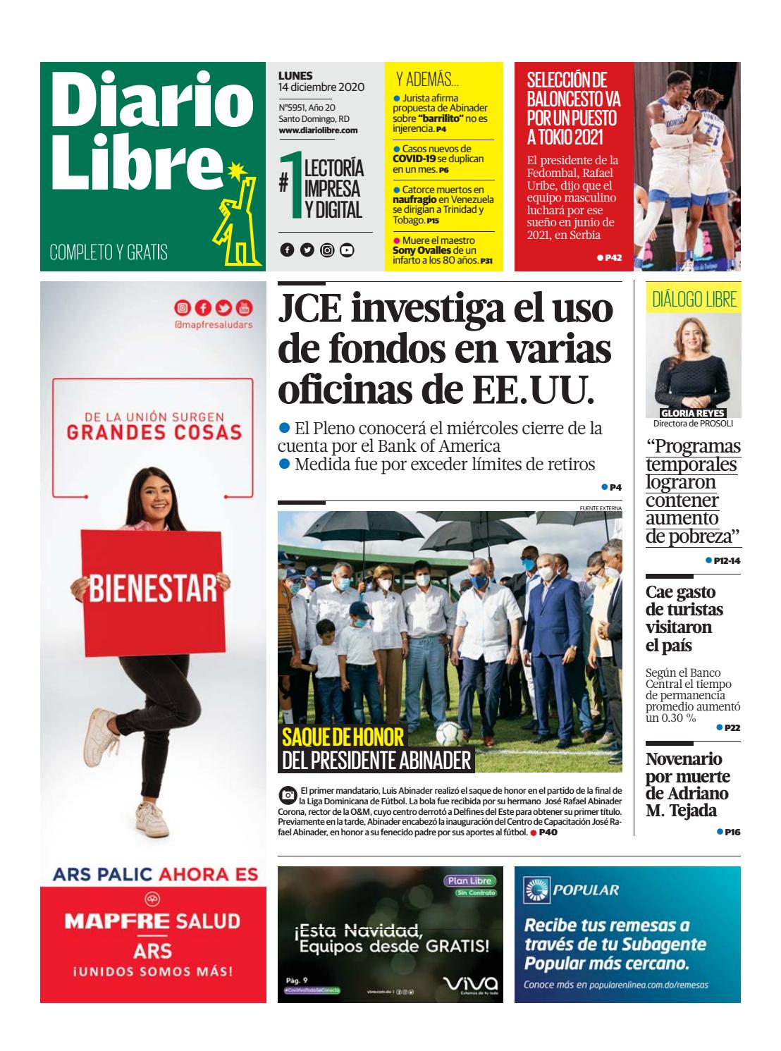 Portada Periódico Diario Libre, Lunes 14 de Diciembre, 2020
