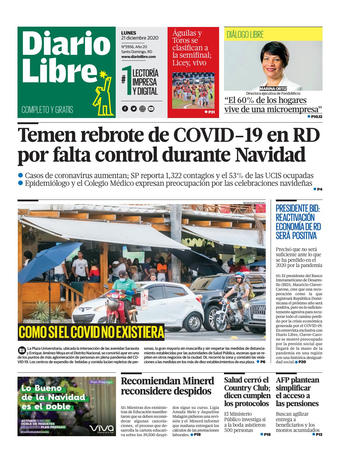 Portada Periódico Diario Libre, Lunes 21 de Diciembre, 2020