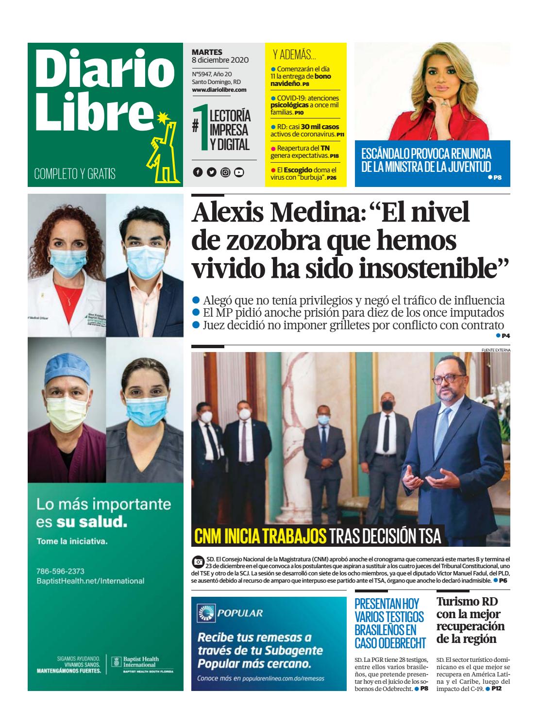 Portada Periódico Diario Libre, Martes 08 de Diciembre, 2020