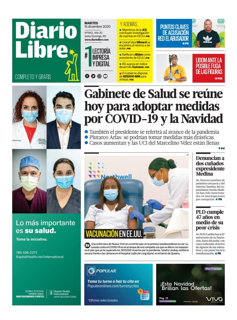 Portada Periódico Diario Libre, Martes 15 de Diciembre, 2020