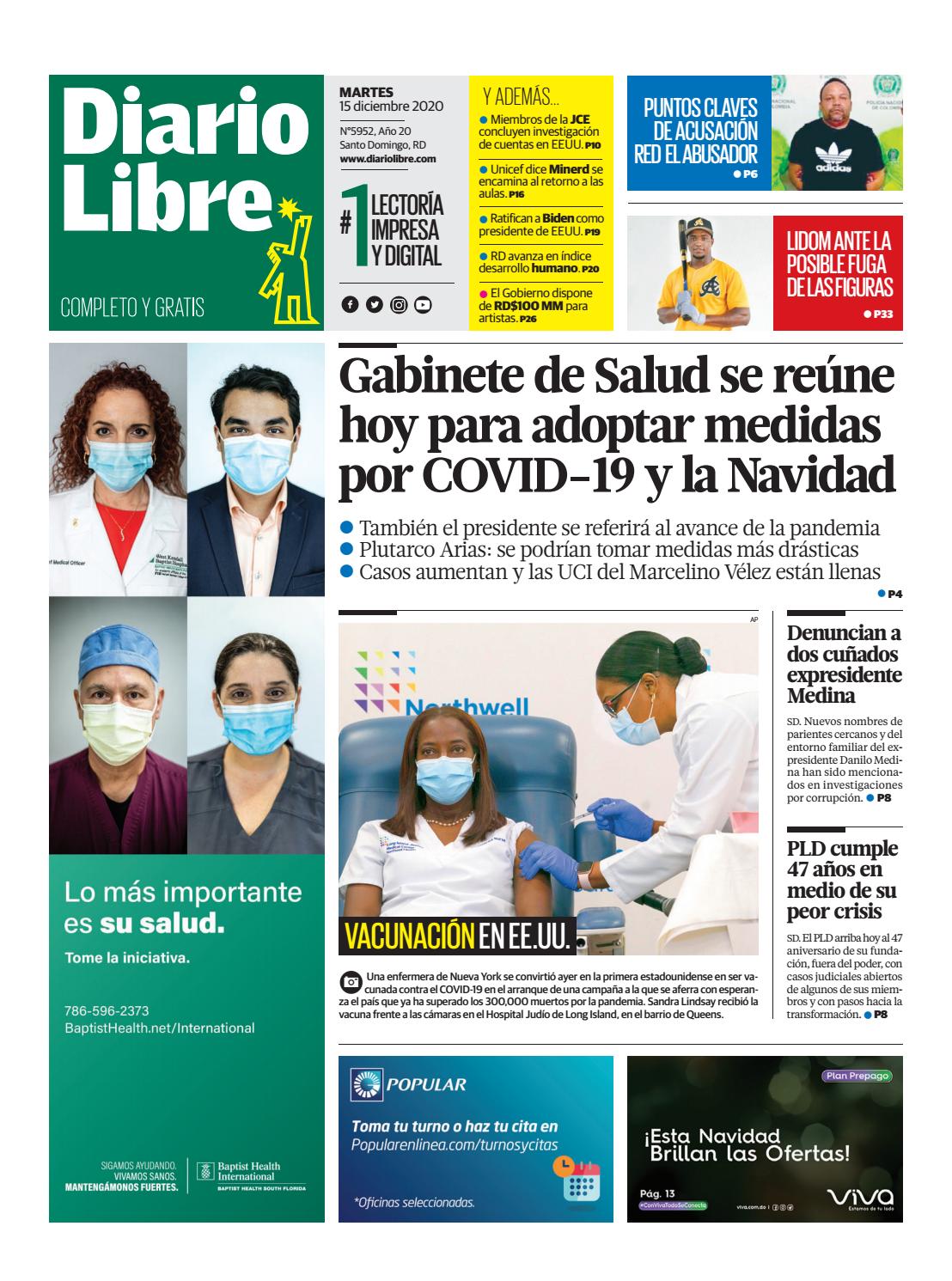 Portada Periódico Diario Libre, Martes 15 de Diciembre, 2020
