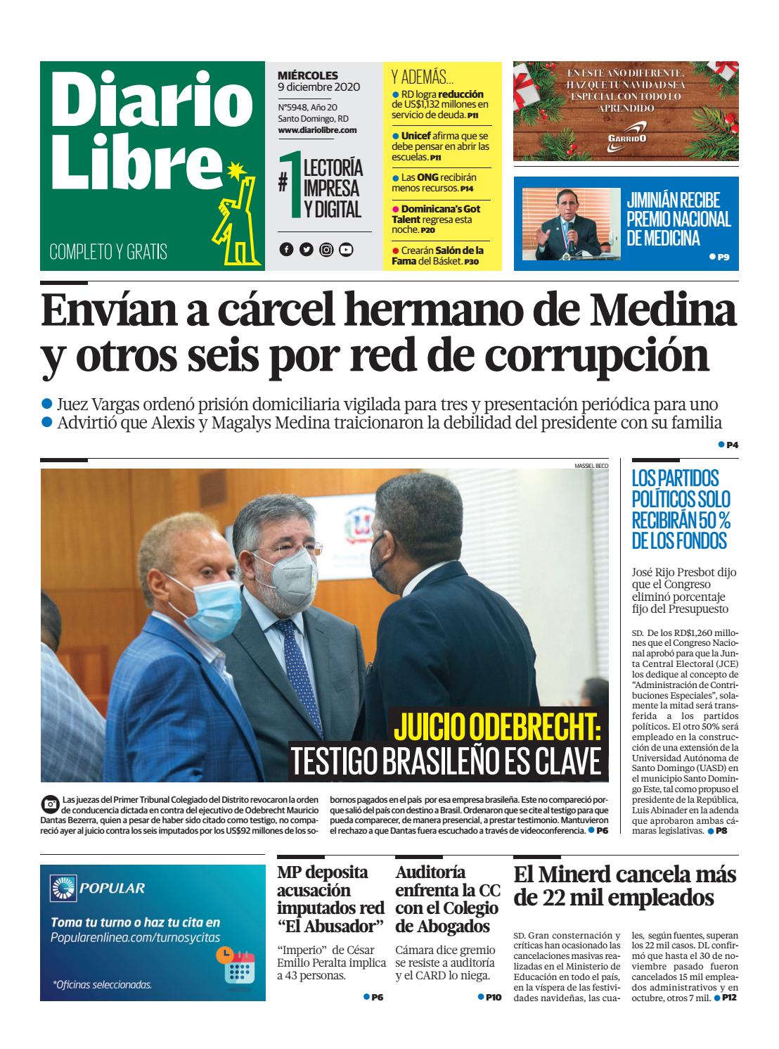 Portada Periódico Diario Libre, Miércoles 09 de Diciembre, 2020
