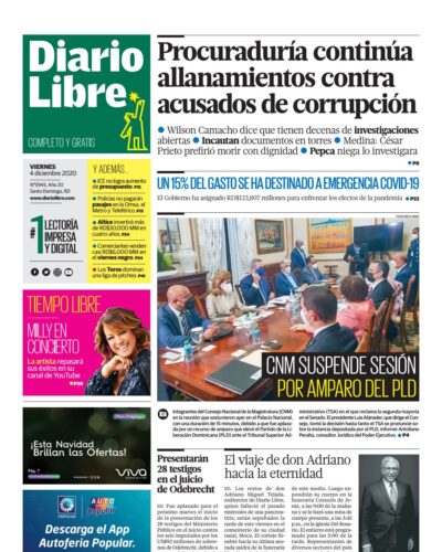 Portada Periódico Diario Libre, Viernes 04 de Diciembre, 2020