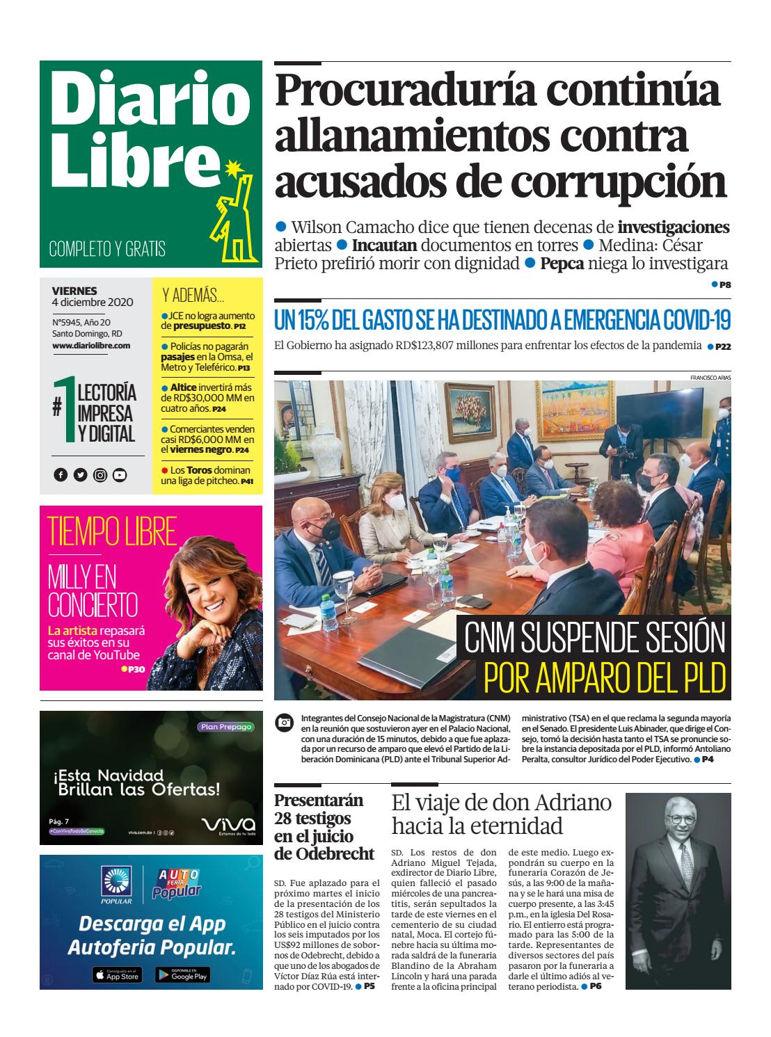 Portada Periódico Diario Libre, Viernes 04 de Diciembre, 2020