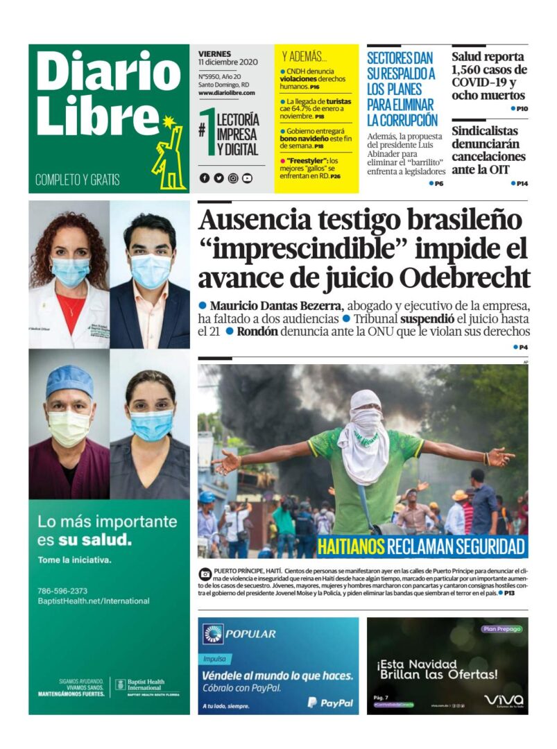 Portada Periódico Diario Libre, Viernes 11 de Diciembre, 2020