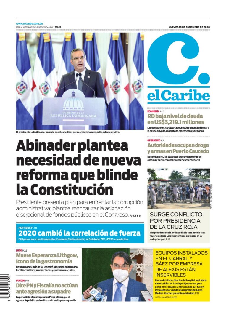 Portada Periódico El Caribe, Jueves 10 de Diciembre, 2020
