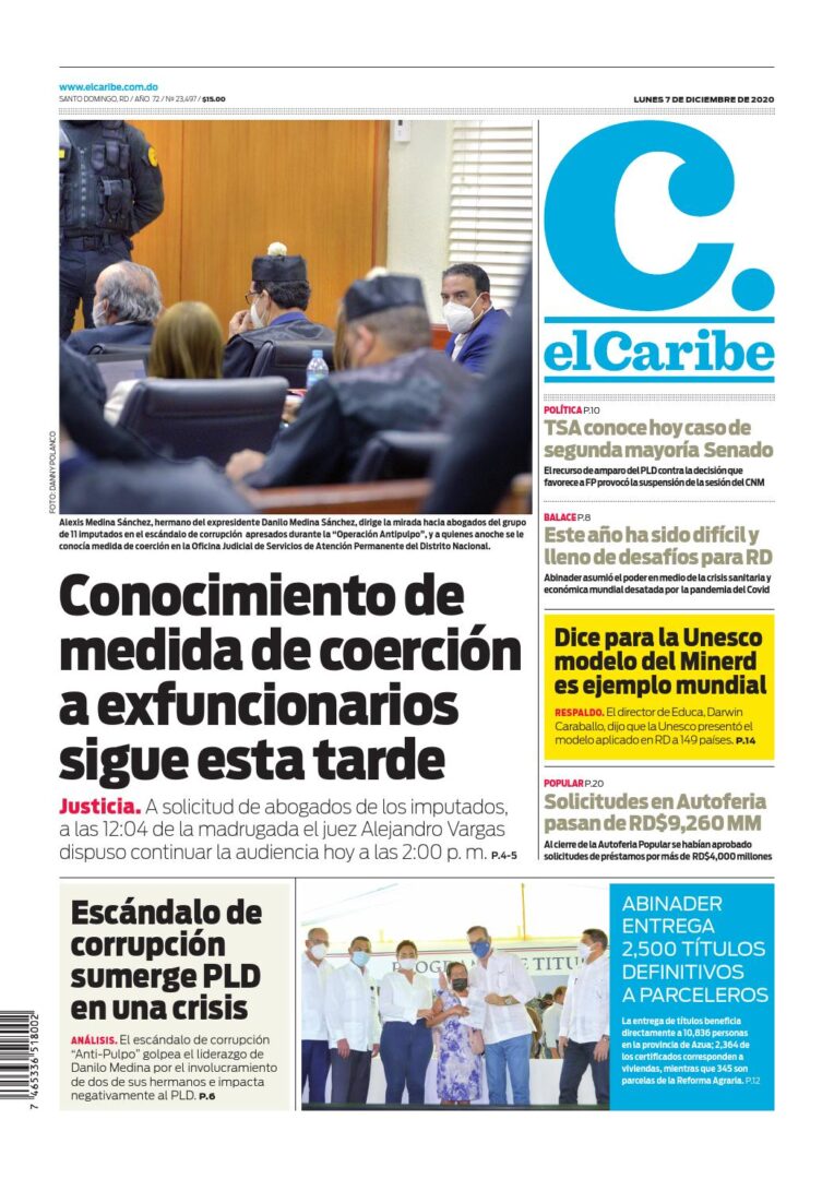 Portada Periódico El Caribe, Lunes 07 de Diciembre, 2020
