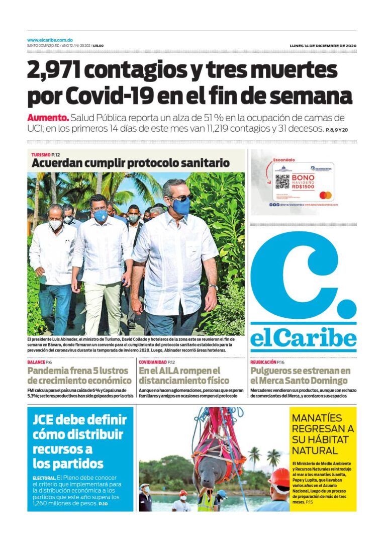 Portada Periódico El Caribe, Lunes 14 de Diciembre, 2020