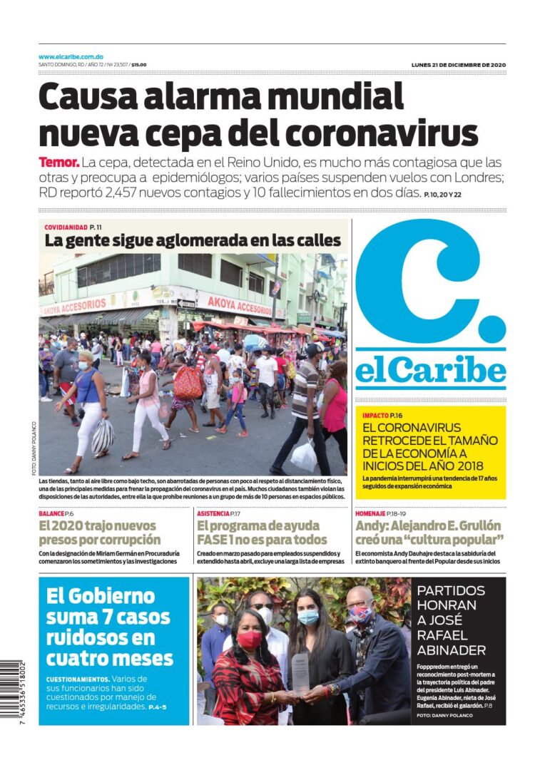 Portada Periódico El Caribe, Lunes 21 de Diciembre, 2020