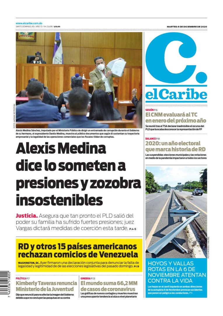 Portada Periódico El Caribe, Martes 08 de Diciembre, 2020