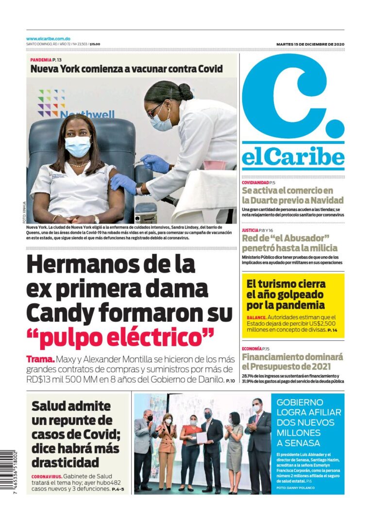 Portada Periódico El Caribe, Martes 15 de Diciembre, 2020