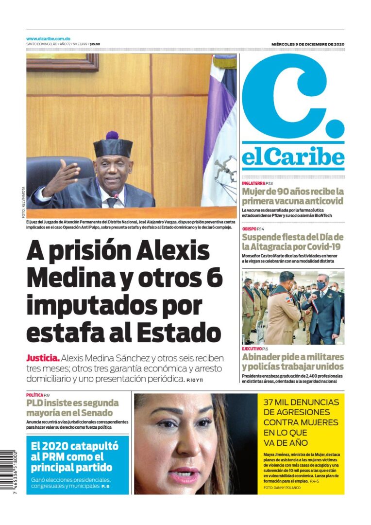 Portada Periódico El Caribe, Miércoles 09 de Diciembre, 2020