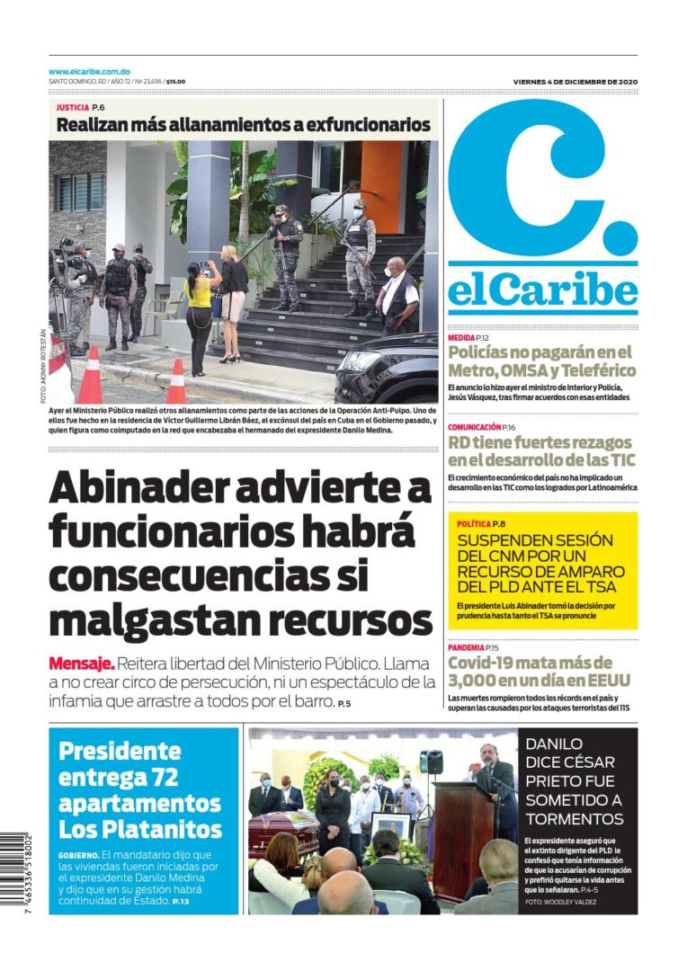 Portada Periódico El Caribe, Viernes 04 de Diciembre, 2020