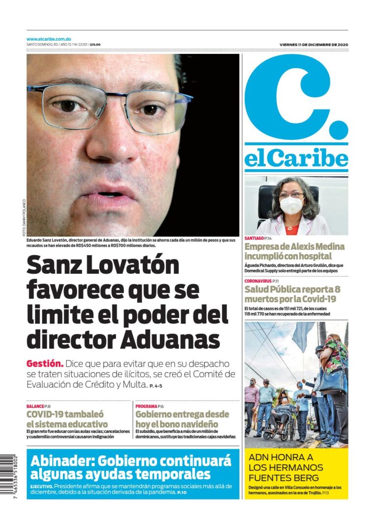 Portada Periódico El Caribe, Viernes 11 de Diciembre, 2020