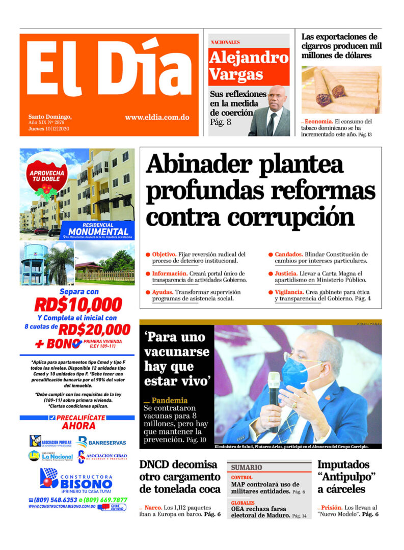 Portada Periódico El Día, Jueves 10 de Diciembre, 2020