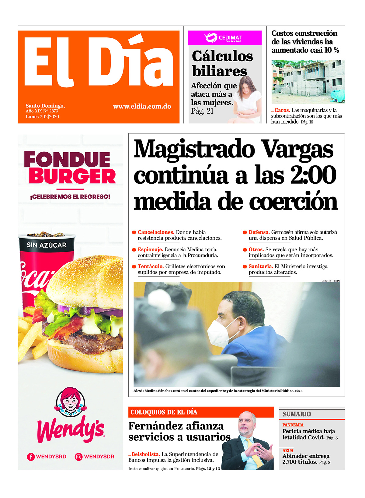 Portada Periódico Hoy, Lunes 07 de Diciembre, 2020