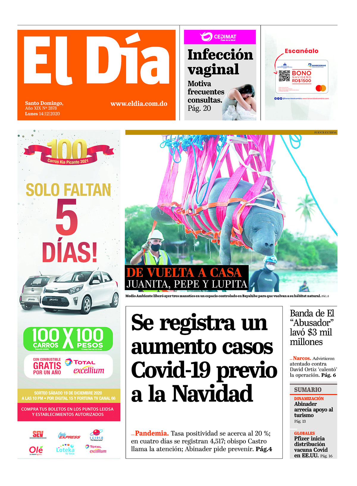 Portada Periódico El Día, Lunes 14 de Diciembre, 2020