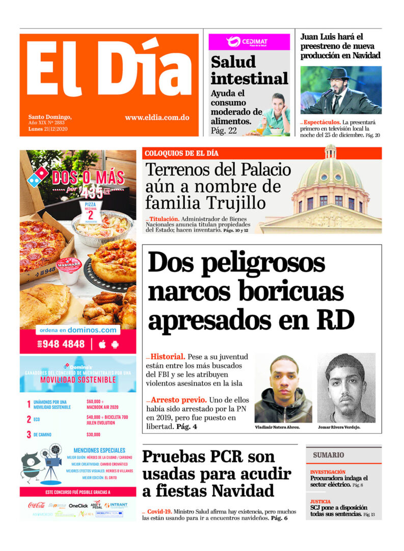 Portada Periódico El Día, Lunes 21 de Diciembre, 2020