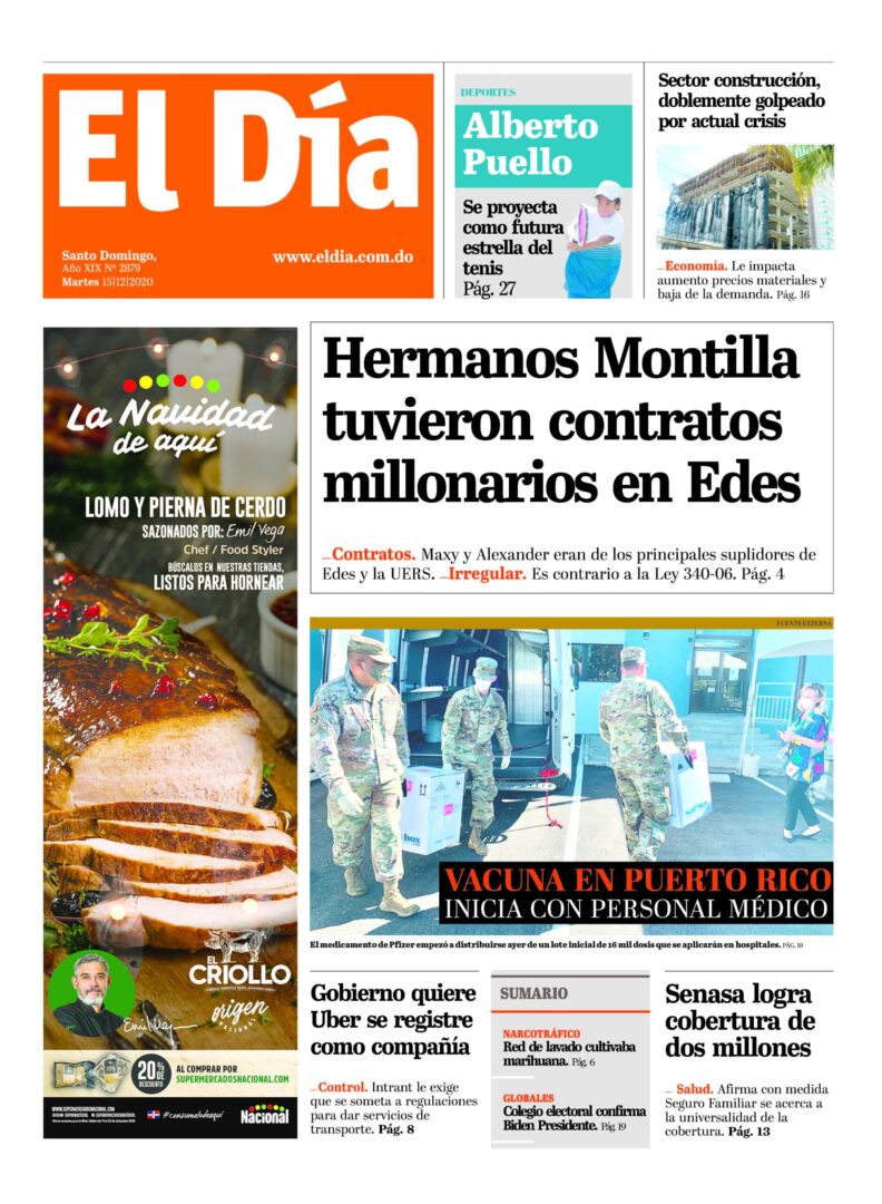 Portada Periódico El Día, Martes 15 de Diciembre, 2020