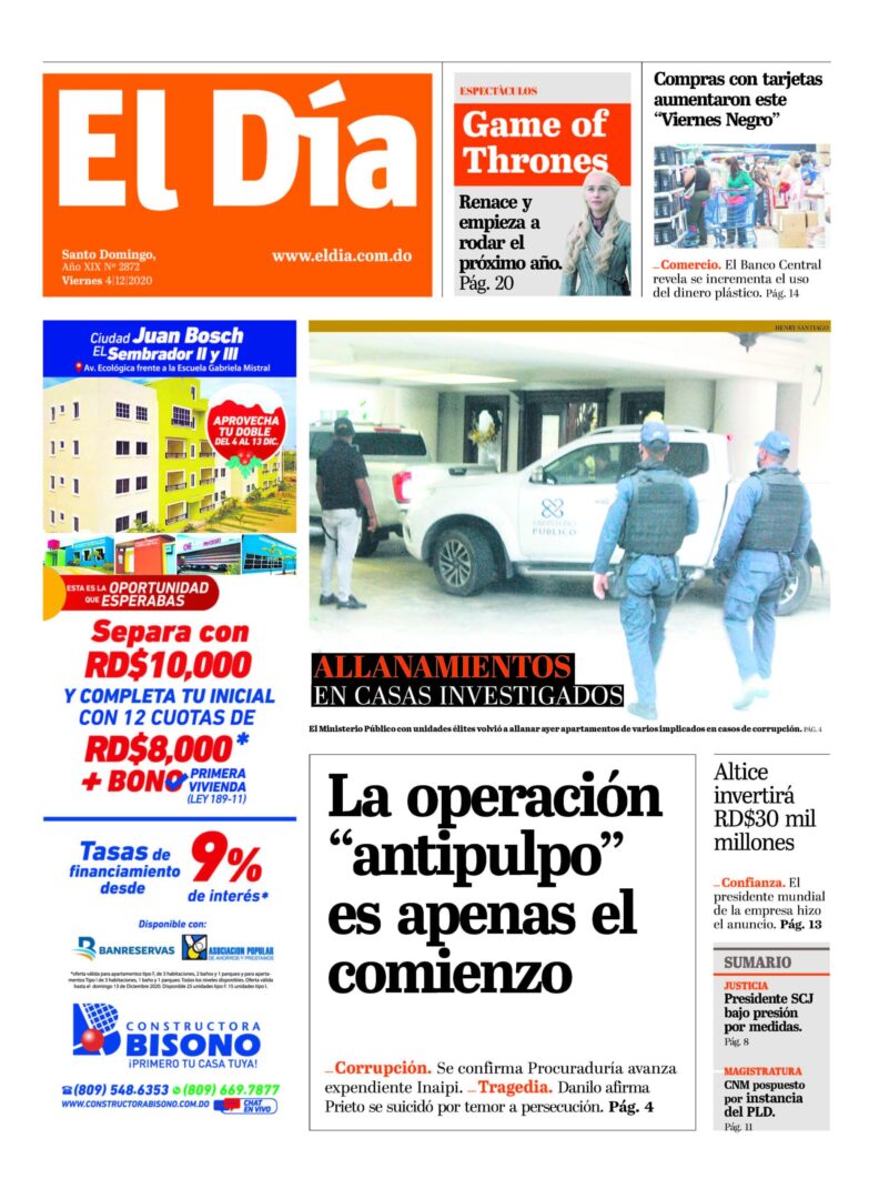 Portada Periódico El Día, Viernes 04 de Diciembre, 2020