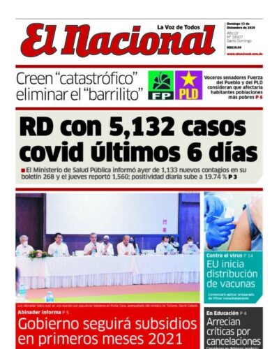 Portada Periódico El Nacional, Domingo 13 de Diciembre, 2020