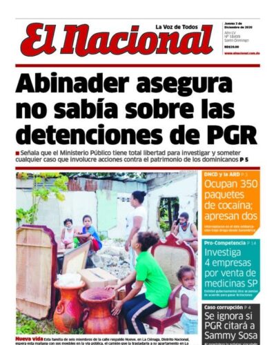 Portada Periódico El Nacional, Jueves 03 de Diciembre, 2020
