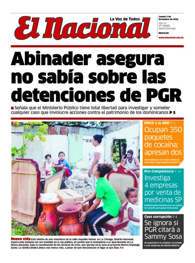 Portada Periódico El Nacional, Jueves 03 de Diciembre, 2020