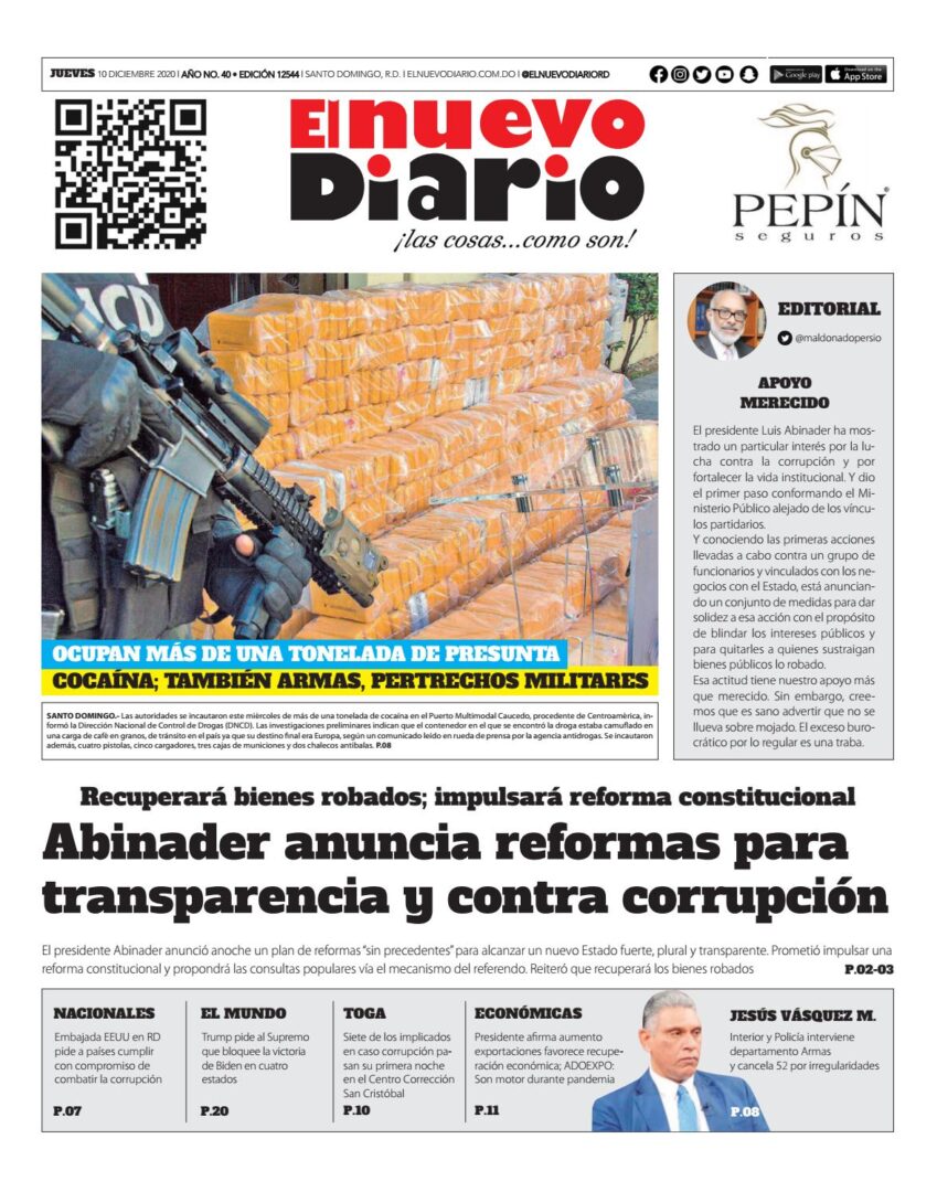 Portada Periódico El Nuevo Diario, Jueves 10 de Diciembre, 2020