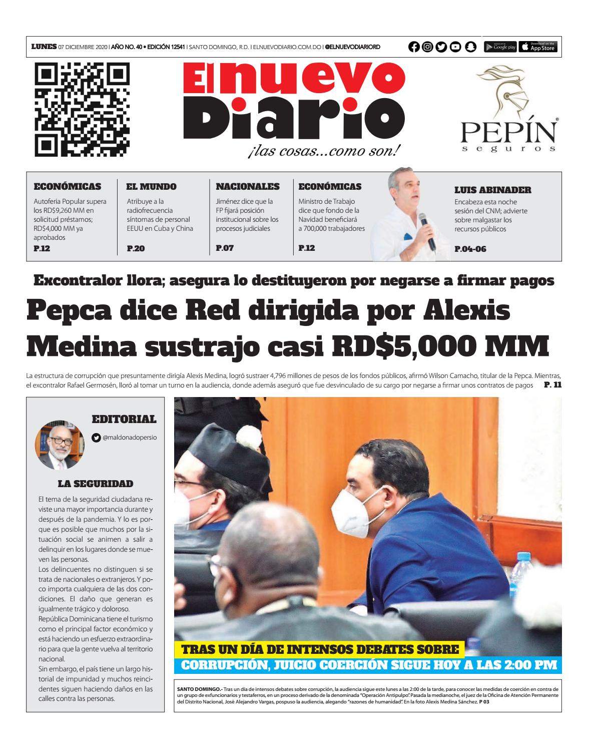 Portada Periódico El Nuevo Diario, Lunes 07 de Diciembre, 2020
