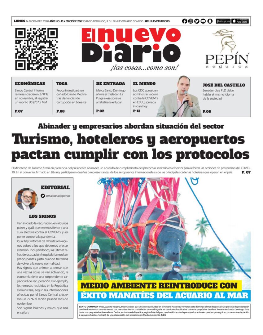 Portada Periódico El Nuevo Diario, Lunes 14 de Diciembre, 2020