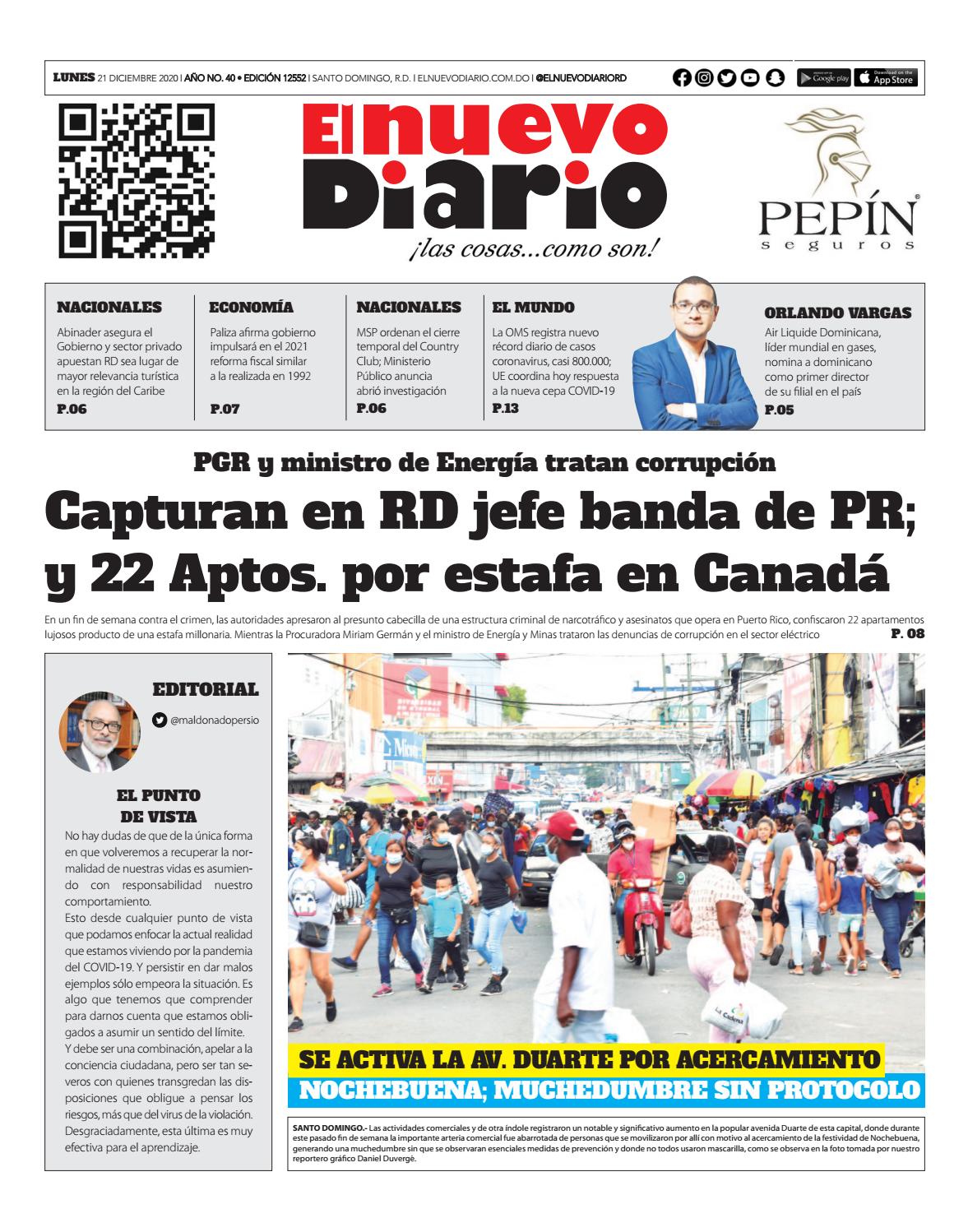 Portada Periódico El Nuevo Diario, Lunes 21 de Diciembre, 2020