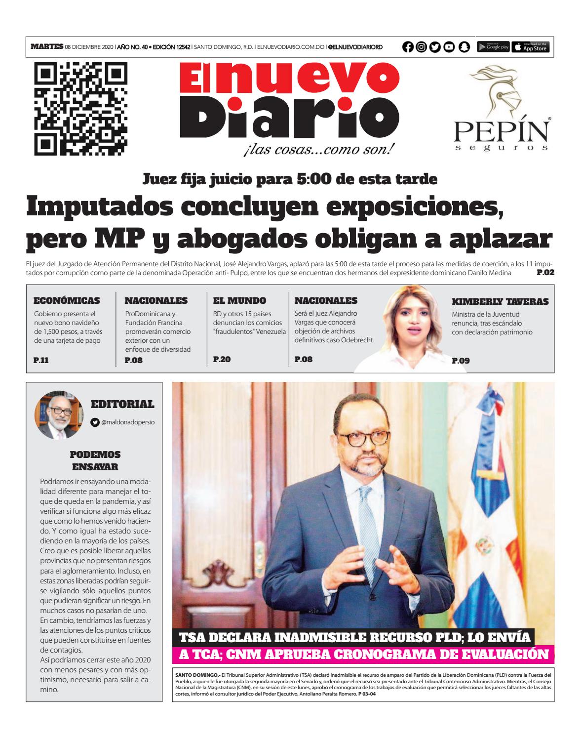 Portada Periódico El Nuevo Diario, Martes 08 de Diciembre, 2020
