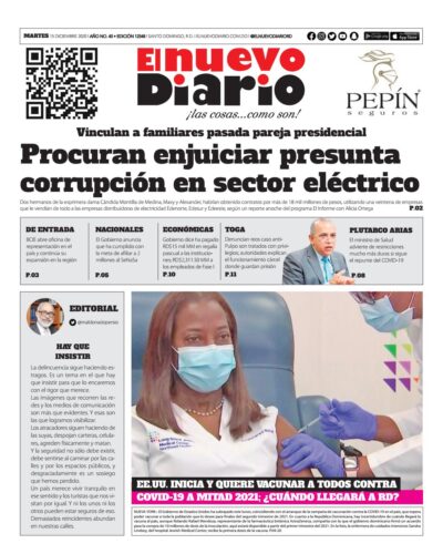 Portada Periódico El Nuevo Diario, Martes 15 de Diciembre, 2020