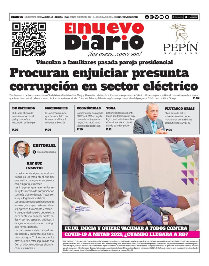 Portada Periódico El Nuevo Diario, Martes 15 de Diciembre, 2020