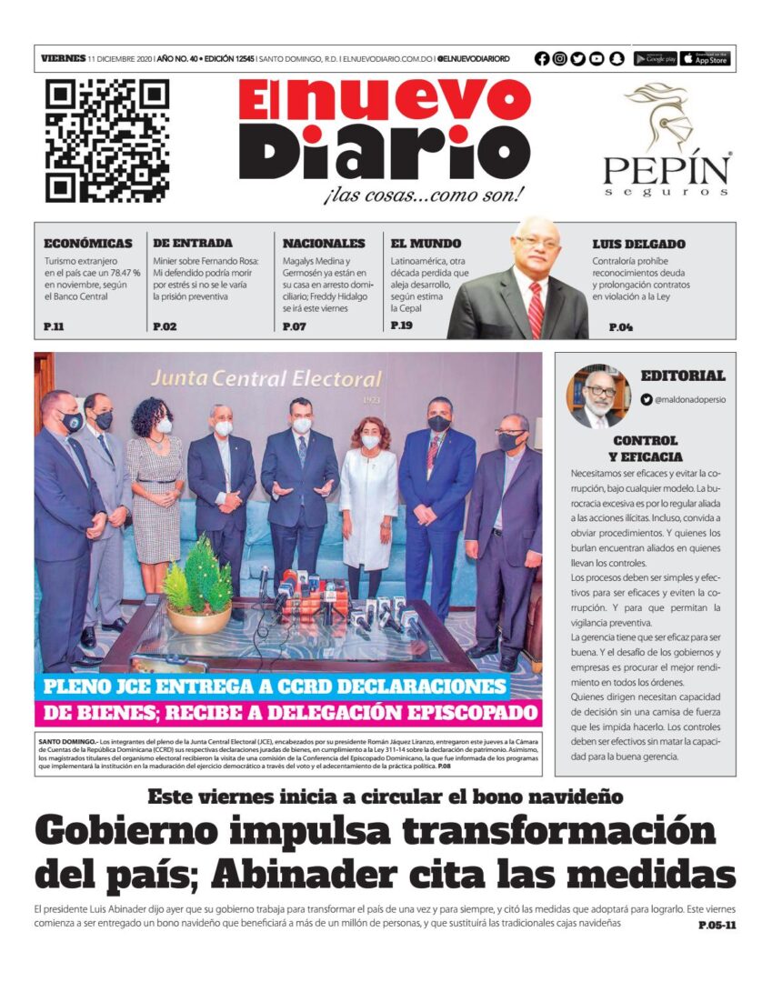 Portada Periódico El Nuevo Diario, Viernes 11 de Diciembre, 2020