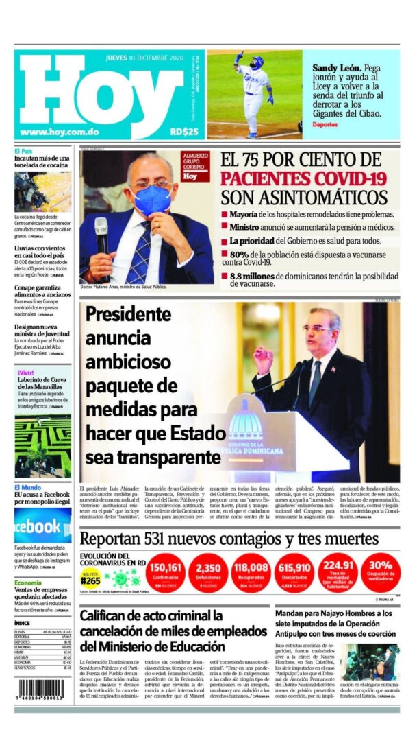 Portada Periódico Hoy, Jueves 10 de Diciembre, 2020