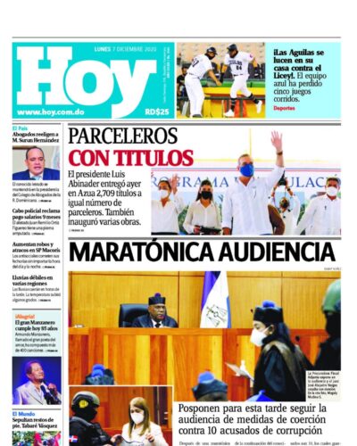 Portada Periódico Hoy, Lunes 07 de Diciembre, 2020