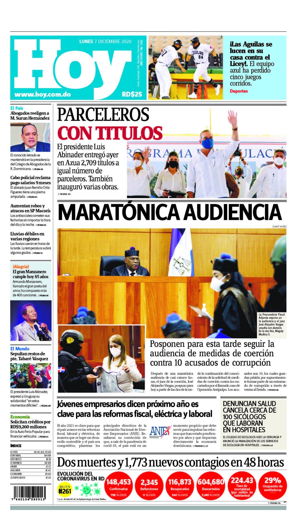 Portada Periódico Hoy, Lunes 07 de Diciembre, 2020