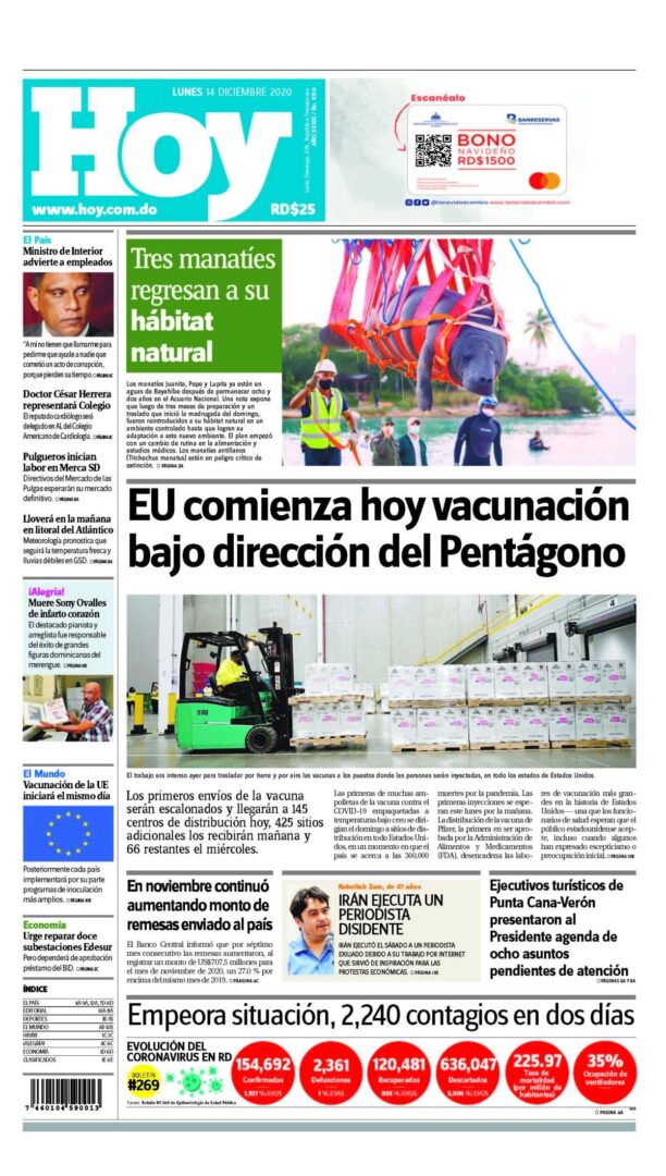 Portada Periódico Hoy, Lunes 14 de Diciembre, 2020