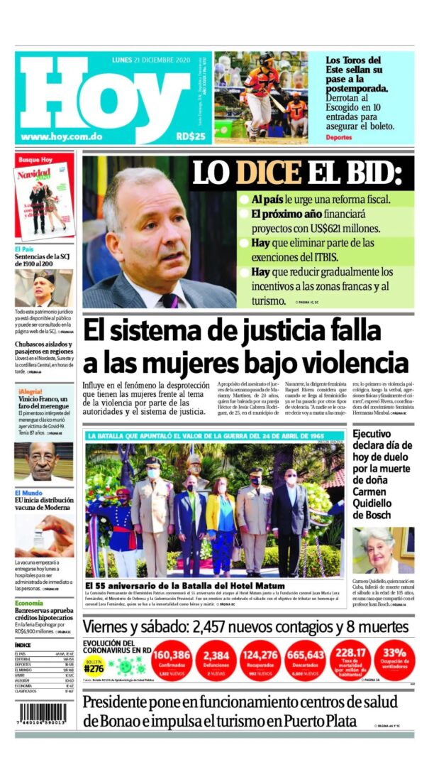 Portada Periódico Hoy, Lunes 21 de Diciembre, 2020