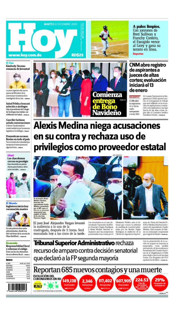 Portada Periódico Hoy, Martes 08 de Diciembre, 2020