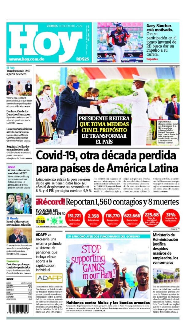 Portada Periódico Hoy, Viernes 11 de Diciembre, 2020
