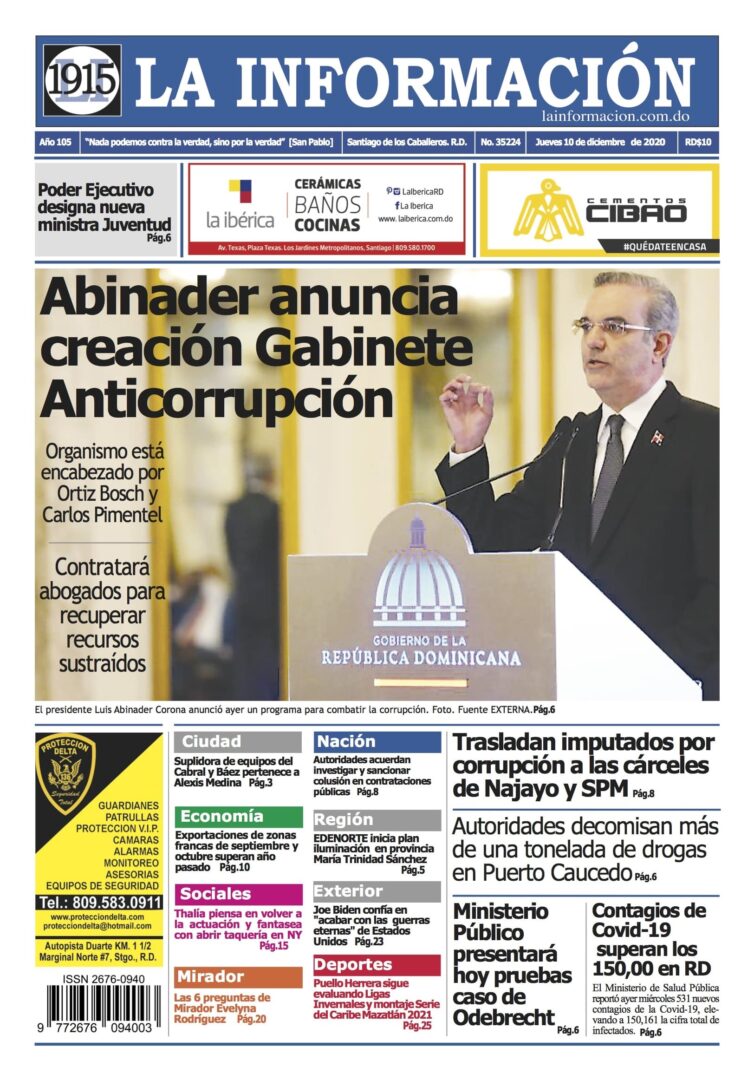 Portada Periódico La Información, Jueves 10 de Diciembre, 2020
