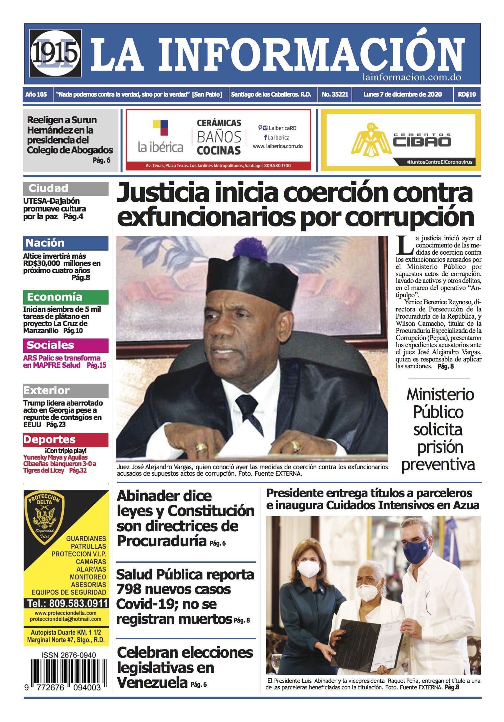 Portada Periódico La Información, Lunes 07 de Diciembre, 2020