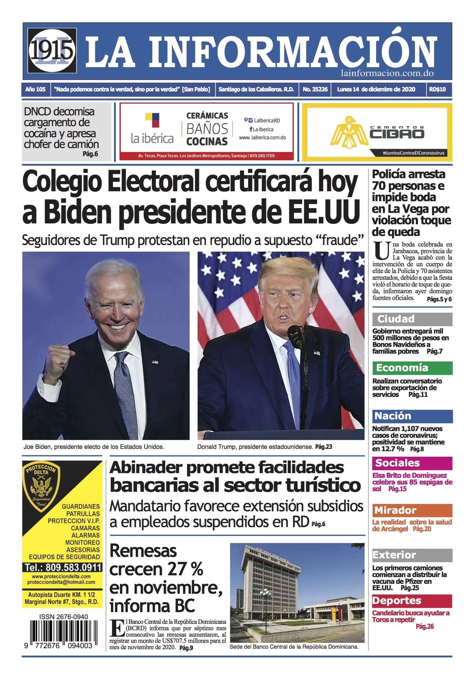 Portada Periódico La Información, Lunes 14 de Diciembre, 2020