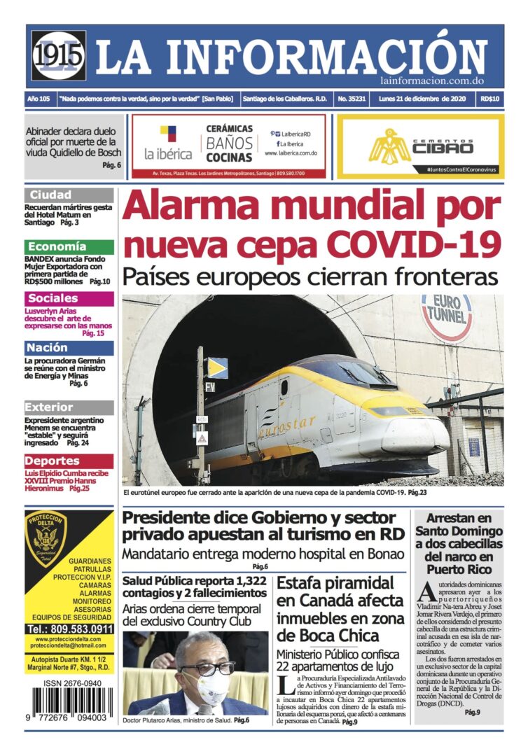 Portada Periódico La Información, Lunes 21 de Diciembre, 2020
