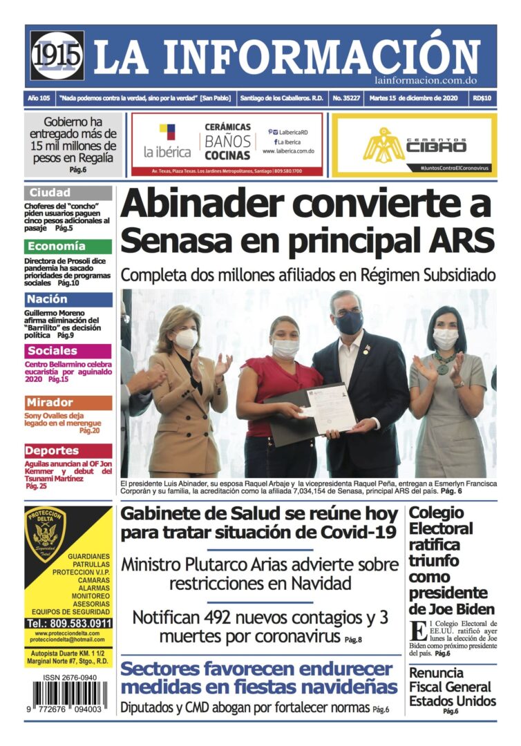 Portada Periódico La Información, Martes 15 de Diciembre, 2020