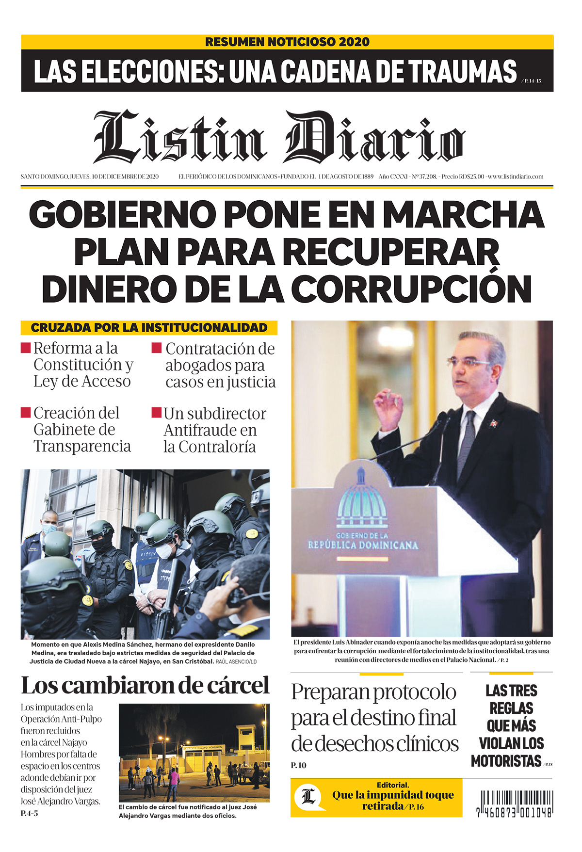 Portada Periódico Listín Diario, Jueves 10 de Diciembre, 2020