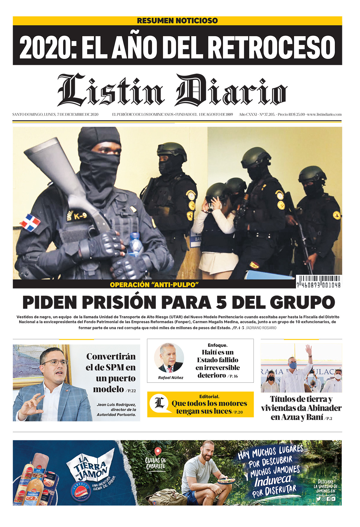 Portada Periódico Listín Diario, Lunes 07 de Diciembre, 2020