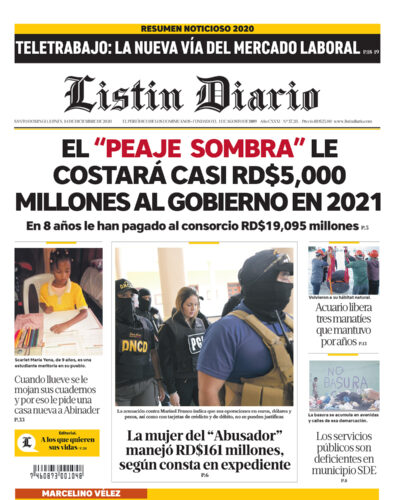 Portada Periódico Listín Diario, Lunes 14 de Diciembre, 2020